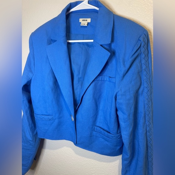 Jason Wu Womens Blue Linen Cropped Blazer Jacket Braided Trim Size Medium‎ - Picture 3 of 10